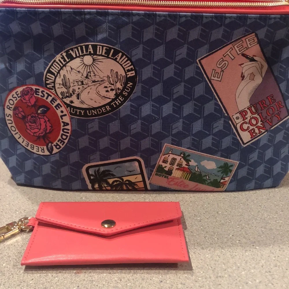 Estée Lauder Blue Travel pattern make-up bag w/Pink coin purse attached.
